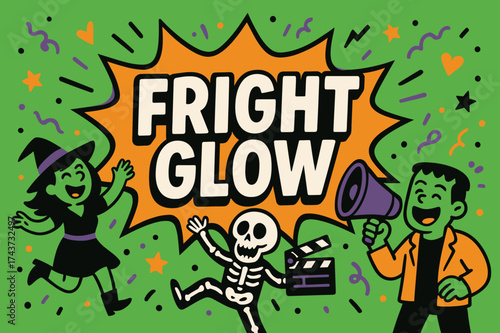 Fright Glow Festivities. Fright Glow banner, flat vector illustration, bold oversized text inside comic burst, cartoon characters dancing and laughing near