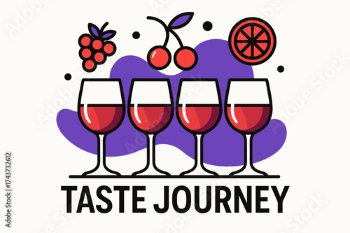 Taste Journey Artistry. Wine Flight. Several glowing wine glasses arranged in row with abstract fruit icons