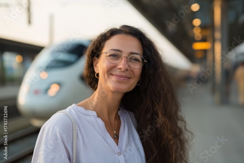 Caucasian young female smiling at train station with curly hair and glasses