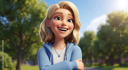 A smiling, blonde cartoon woman with crossed arms stands outside on a sunny day, wearing a blue hoodie and a silver necklace.