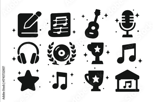 Songwriting Icons Collection. Songwriting Awards. Solid icons set of pen, notebook, sheet music, guitar, microphone, headphones, record, laurel wreath, trophy,