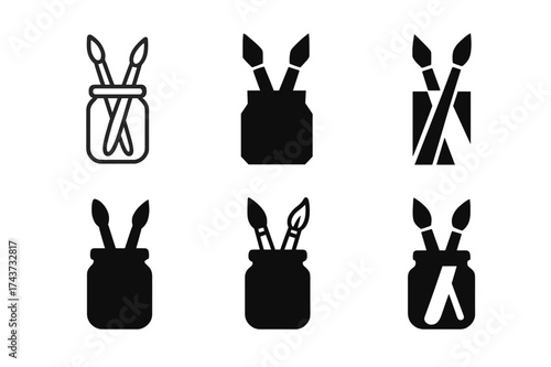 Art Studio Logos. Studio corner with art supplies. Set Logo of Art studio: paintbrushes in jar. harmonious logo variations of the same emblematic concept, each
