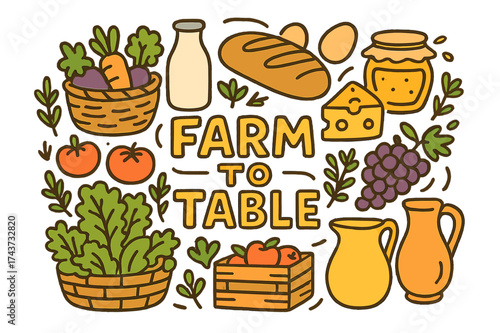Farm to Table Doodle. Farm to Table. Hand-drawn doodle illustration of Farm to Table. Basket of vegetables,