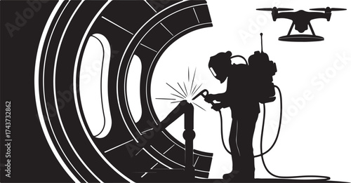 Silhouette of a welder working on a large industrial structure with a drone observing the process from above