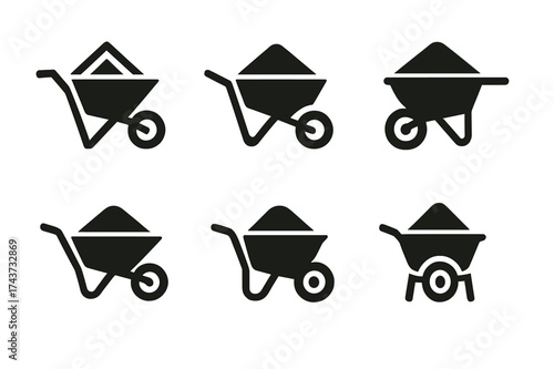 Abstract Wheelbarrow Logos. Wheelbarrow with cement. Set Logo of abstract wheelbarrow: geometric interpretation with cement block. harmonious logo variations