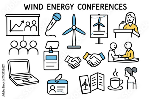 Wind Energy Conference Scene. Wind energy conferences. Hand-drawn doodle illustration wind energy conferences presentation screen (accented), microphone