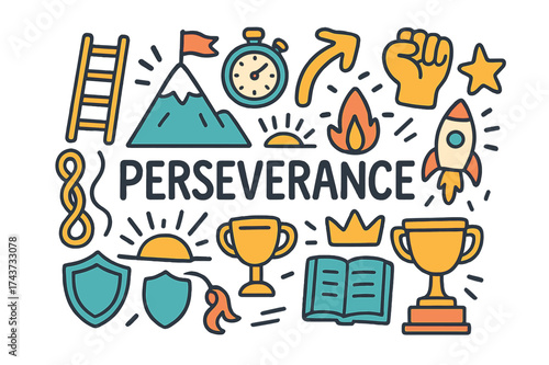 Perseverance Doodle Illustration. Perseverance. Hand-drawn doodle illustration of Perseverance. mountain, flag