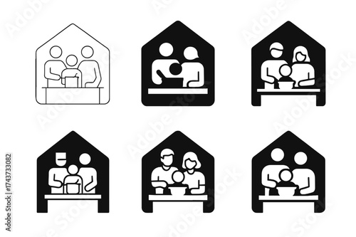 Family Cooking Logos. Family cooking together. Set Logo of Home life: kitchen counter with family. harmonious logo variations of the same emblematic concept,