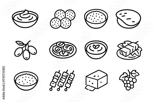 Mediterranean Cuisine Icons. Mediterranean cuisine. Line icon set of Mediterranean cuisine: hummus, falafel, tabbouleh, pita bread, olives, roasted vegetables,