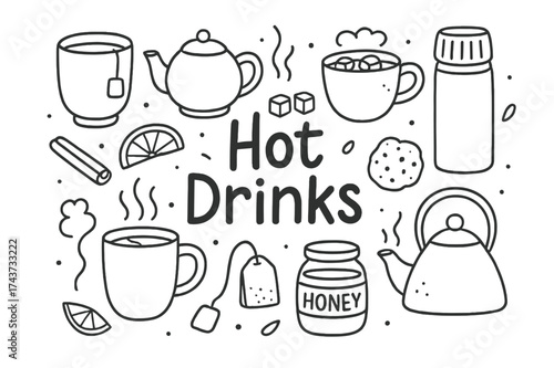 Hot Drinks Doodle. Hot Drinks. Hand-drawn doodle illustration of Hot Drinks. mug of tea, teapot, steaming