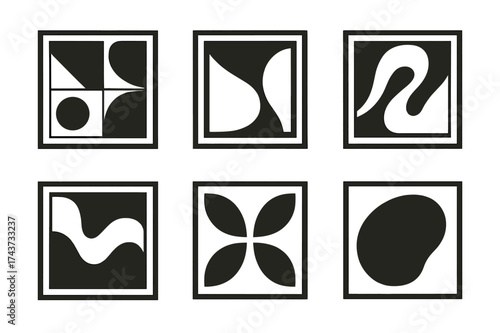 Harmonious Logo Variations. Interior design and home decor trends. Set Logo of framed artwork: square frame with abstract pattern. harmonious logo variations