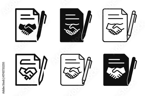 Diverse Contract Logos. Negotiation techniques. Set Logo of contract paper: document with pen symbolizing agreements. harmonious logo variations of the same