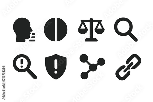 AI Bias Icons. AI bias. Filled icon set of AI bias: face profile, divided circle, balance scale, magnifying