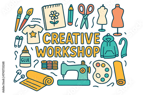 Artistic Workshop Doodles. Creative Workshop. Hand-drawn doodle illustration of Creative Workshop.