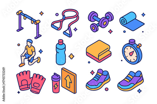 Home Workout Icons. Home workout. Colorful isometric vector icons set of home workout: pull-up bar, resistance band, dumbbells, workout mat, person performing