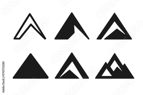 Stylized Mountain Logos. Mountain peaks. Set Logo of triangular peak: stylized sharp mountain outline. harmonious logo variations of the same emblematic