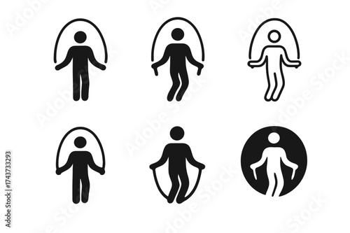 Fitness Rope Logos. Jump rope. Set Logo of Fitness: exercise rope silhouette. harmonious logo variations of the same emblematic concept, each with different