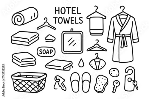 Hotel Essentials Doodle. Hotel Towels. Hand-drawn doodle illustration Hotel Towels rolled towel, folded towel, basket, hanger, shelf, soap, slippers, robe,