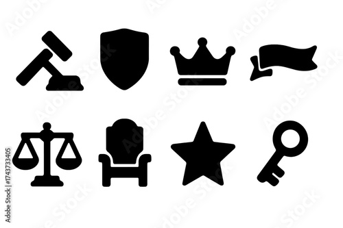 Authority Icon Set. Authority. Filled icon set of Authority: gavel, shield, crown, banner, scale, throne, star