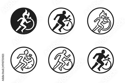 Endurance Logo Variations. High-performance training for athletes. Set Logo of endurance circle: circular emblem with athlete, stopwatch, and flame. harmonious
