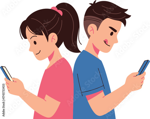 Teenagers using phones social media connection illustration editable