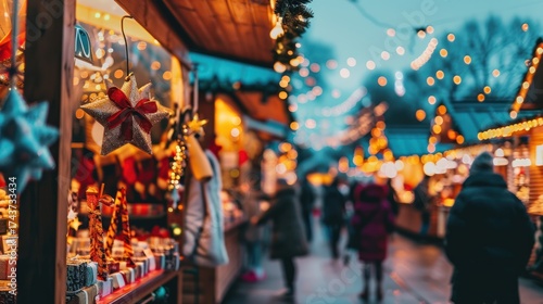 Festive Christmas Market Stalls with Decorated Gifts and Holiday Lights in Evening Setting