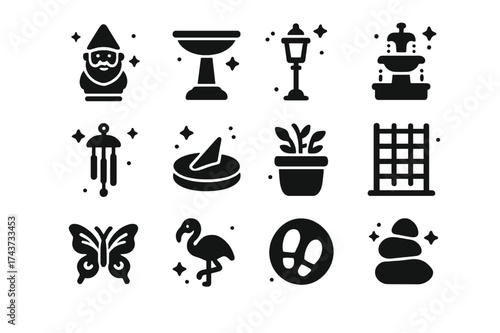 Lawn Decor Icons. Lawn decorations. Solid icons set of garden gnome, birdbath, lantern post, fountain, wind chime, sun dial, planter pot, trellis, butterfly