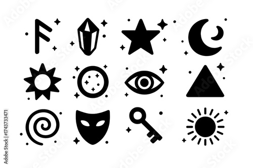 Mythical Symbols Icons. Mythical symbols. Solid icons set of Mythical symbols: ancient rune, crystal, star, moon, sun, portal ring, mysterious eye, triangle,