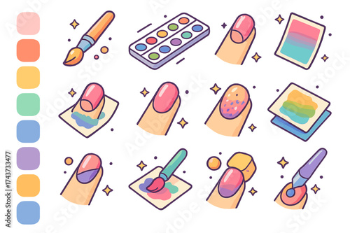 Watercolor Technique Icons. Watercolor techniques. Colorful isometric vector icons set of watercolor techniques: paint brush, watercolor palette, nail color