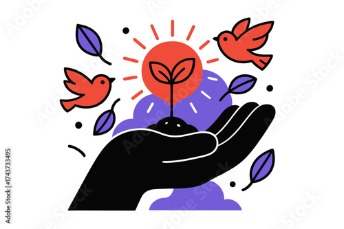 Nurturing Growth Icon. Reforestation efforts. Abstract giant hand holding a glowing tree sprout, while birds
