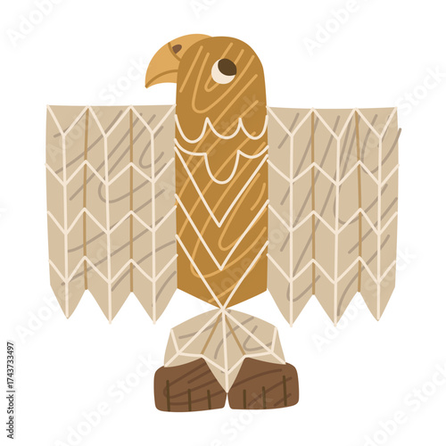 A wooden bird totem with large wings, hand-carved. A flat, colored illustration of an isolated object. Native American Indian symbolism. Religious objects for settlements. History, ancient drawings