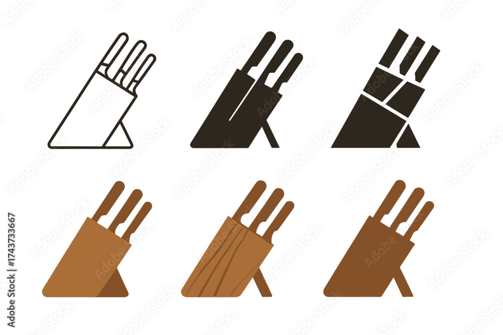 Fototapeta premium Kitchen Knife Logos. Knife block. Set Logo of Kitchenware: wooden knife holder icon. harmonious logo variations of the same emblematic concept, each with