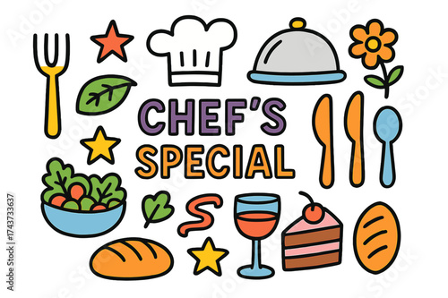 Chef's Culinary Icons. Chef?s Special. Colorful Hand-drawn doodle Children illustration plate, covered dish, chef hat, fork, knife, spoon, garnish leaf, star,