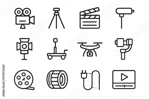 Film Equipment Icons. Film equipment. Line outline icon set of film equipment: movie camera, tripod, clapboard