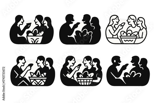 Picnic Logo Variations. A group of friends having a picnic in a park, enjoying nature and food. Set Logo of laughter: silhouettes of friends sharing food and