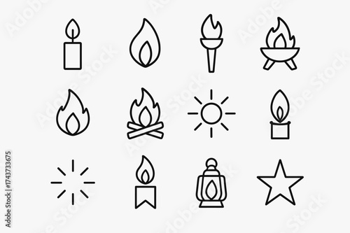 Kindle Icon Collection. Kindle. Line outline icon set of Kindle: candle, flame, torch, fire pit, ember,