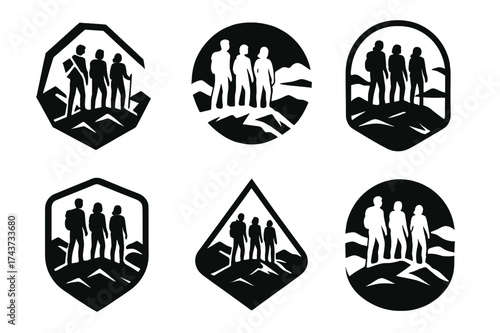 Mountaintop Adventure Logos. Friends hiking in the mountains, enjoying nature and the outdoors together. Set Logo of summit view: friends standing on peak