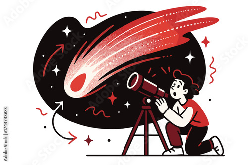 Comet Watcher. Comet passing. A bright comet streaks across the sky, tail glowing with abstract dotted trails. A person with a telescope watches in awe. Modern