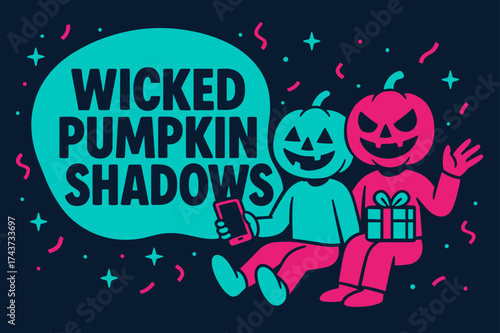 Wicked Pumpkin Shadows. Wicked Pumpkin Shadows banner, flat vector illustration, bold oversized text inside rounded blob, cartoon characters sitting and