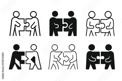 Teamwork Puzzle Emblems. Strengthening relationships through shared experiences. Set Logo of teamwork puzzle: figures fitting puzzle pieces together.