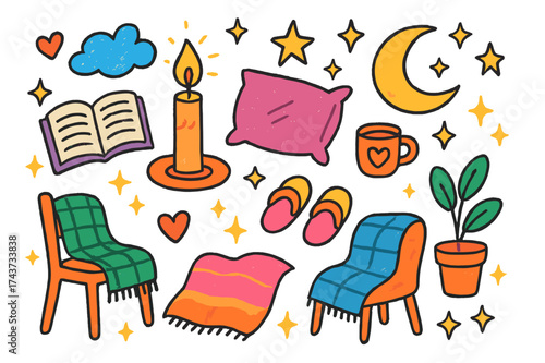 Evening Doodle Icons. Evening Mood. Colorful Hand-drawn doodle Children illustration Candle, flame, moon, stars, book, pillow, mug, cloud, sparkles, slippers,