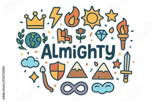 Doodle of Divinity. Almighty. Hand-drawn doodle illustration of Almighty. crown, lightning bolt, flame, sun,