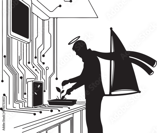 Silhouette of a futuristic angel tending to a small plant in a high tech laboratory environment with glowing circuits and screens