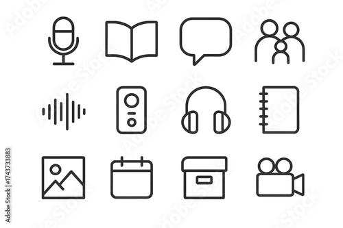 Oral Storytelling Icons. Oral storytelling. Line outline icon set of oral storytelling: microphone, book,
