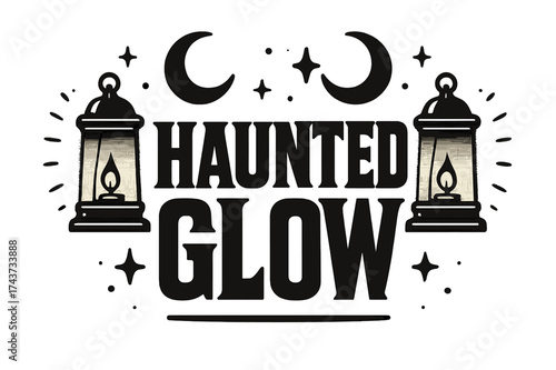 Haunted Glow Design. Haunted Glow ? Bold Block Lettering, stacked uppercase with chunky geometric serifs, heavy outline and flat 3D shading, poster-style