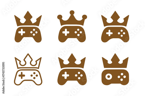 Victory Crown Logos. Game tournaments. Set Logo of crown: victory crown merged with gaming icon. harmonious logo variations of the same emblematic concept,
