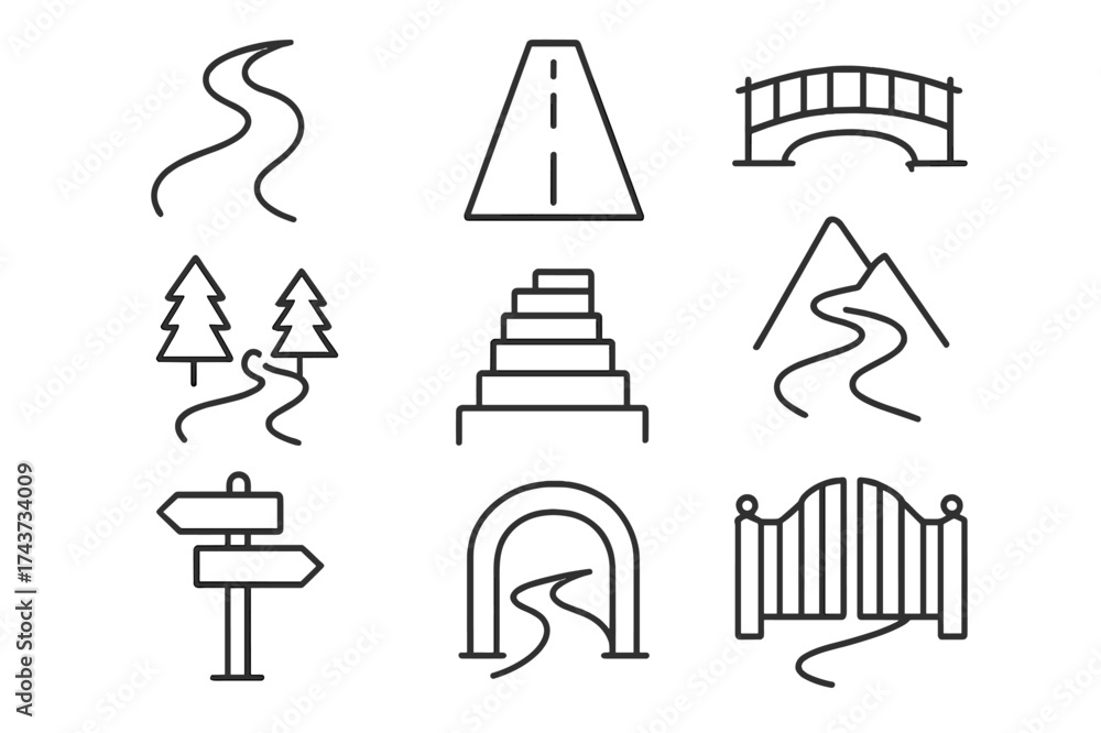 Fototapeta premium Pathway Icons Collection. Pathways. Line icon set of pathways: winding road, straight path, bridge, stairs, forest trail, mountain path, cobblestone, signpost,