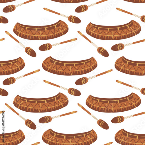 pattern featuring canoes with paddles and various traditional objects of American Indian tribes. Flat color vector seamless. Randomly arranged ethnic elements in a stylized design, ideal for textiles