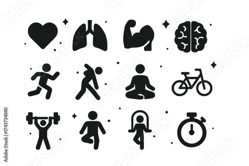 Exercise Icon Collection. Benefits of physical exercise health. Solid icons set of heart, lungs, muscle arm, brain, bone, running figure, stretching body, yoga