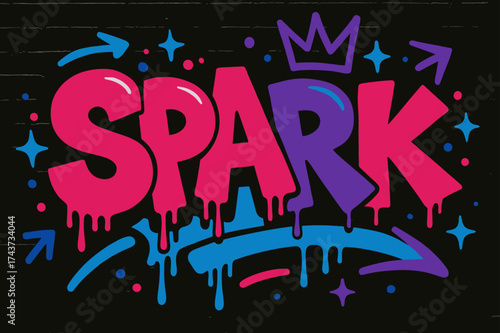 Vibrant Urban Graffiti. Urban Spark ? Graffiti Simplified, chunky tilted bubble letters with dripping edges, arrows and crowns, flat spray-fill, vibrant urban
